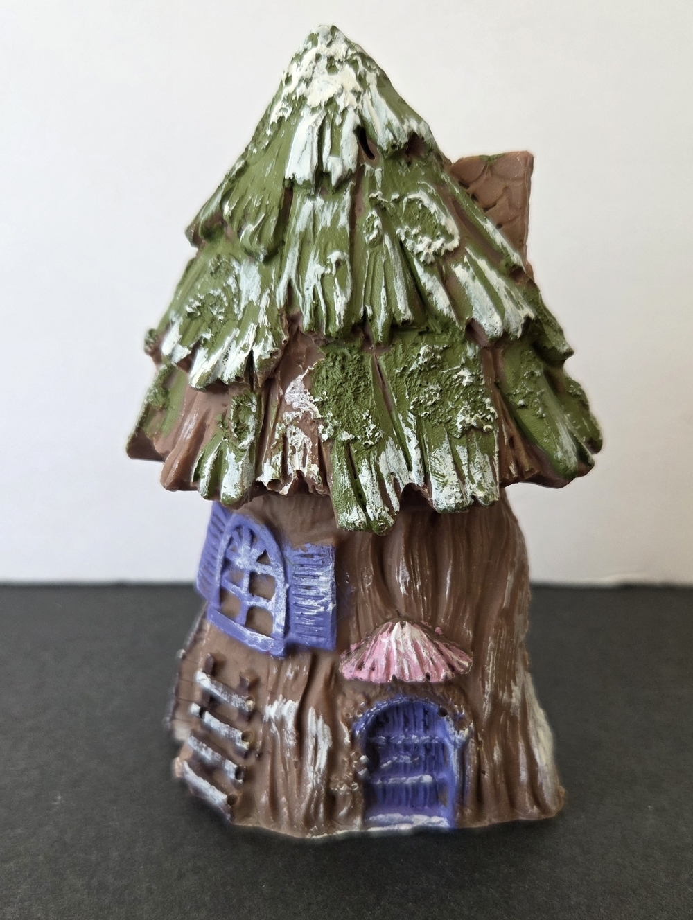 Whimsical Pine Tree House Figurine 5.5” Resin Fairy Cottage Purple Details